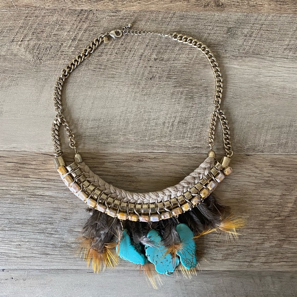 Boheme Jewelry - Boho turquoise and feather necklace